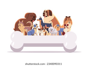 Feliz día nacional del perro tarjeta de saludo varios adorables perros posando cerca de vacaciones óseas de animales domésticos concepto de ilustración vectorial horizontal