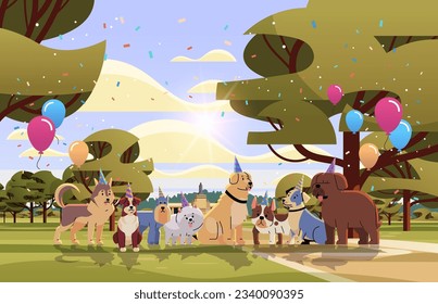 Happy national dog day greeting card various cute doggy posing in hats holiday of domestic animals concept horizontal