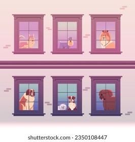 Happy national dog day greeting card various cute doggy looking out of apartment windows holiday of domestic animals