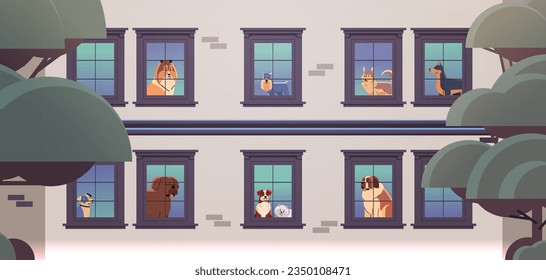 Happy national dog day greeting card various cute doggy looking out of apartment windows holiday of domestic animals