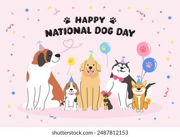 Happy National Dog Day Grußkarte Vektorgrafik Design. Nette lustige Hunde in der Party  