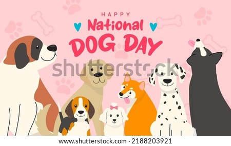 Happy national Dog day greeting card vector design. Cute cartoon dogs on pink pattern background 