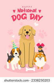 Happy national Dog day poster vector design. Cute cartoon dogs