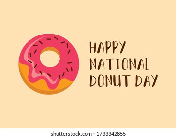 Happy National Donut Day inscription with pink donut vector. National Donut Day vector. Donut with pink icing icon vector. American delicacy food vector