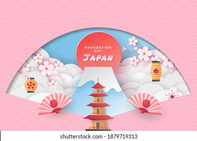 Happy national foundation day japan in paper cut art style. Premium Vector