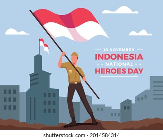 Happy national heroes day. Indonesia soldier holding the red and white flag of Indonesia. The Indonesian national heroes day celebration. Vector illustration in a flat style