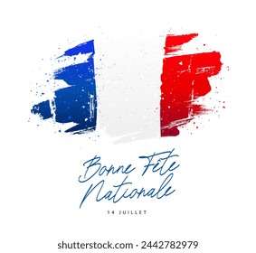 Happy national holiday - July 14th. Inscription is in French. Bastille Day. Flag of France is hand-drawn with a brush. Vector illustration on a white background.