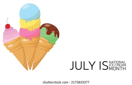 Feliz Día Nacional del Helado. Un cono de gofre con varias cucharas de helados de fruta. Gelato o sorbete. Banner cuadrado vectorial al estilo de las caricaturas planas.