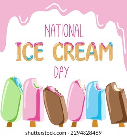 Happy National Ice Cream Day card. A waffle cone with various fruit ice cream scoops. Vector banner in flat cartoon style.