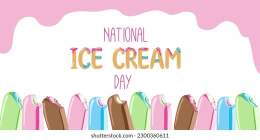 Happy National Ice Cream Day card. A waffle cone with various fruit ice cream scoops. Vector banner in flat cartoon style.