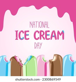 Happy National Ice Cream Day card. A waffle cone with various fruit ice cream scoops. Vector banner in flat cartoon style.