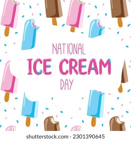 Happy National Ice Cream Day card. A waffle cone with various fruit ice cream scoops. Vector banner in flat cartoon style.