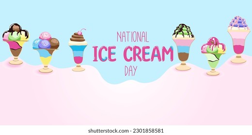 Happy National Ice Cream Day card. A waffle cone with various fruit ice cream scoops. Vector banner in flat cartoon style.