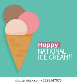 Happy National Ice Cream Day card social media post. A waffle cone with various fruit ice cream scoops.