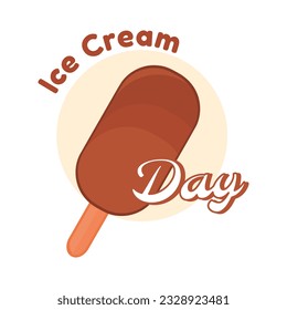 Happy National Ice Cream Day card Social Media Post Logo. A Chocolate Popsicle with Text on a cream circle background. Vector square banner in flat cartoon style.