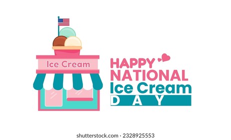 Happy National Ice Cream Day card with copy space. An Ice Cream Shop with Ice Cream and USA Flag Decorations. Vector square banner in flat cartoon style.