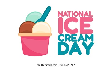 Happy National Ice Cream Day card Social Media Post. An Ice Cream Cup with Various Fruit Ice Cream Scoops. Vector square banner in flat cartoon style.