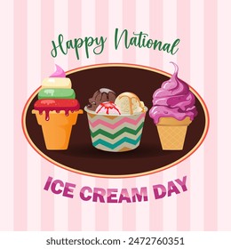 Happy National Ice Cream Day card. A waffle cone with various taste ice cream scoops. Vector banner in flat cartoon style.