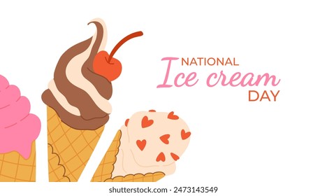 Happy National Ice Cream Day card. A waffle cone with various fruit ice cream scoops. Gelato or sorbet in cone. Vector cartoon banner in flat style.