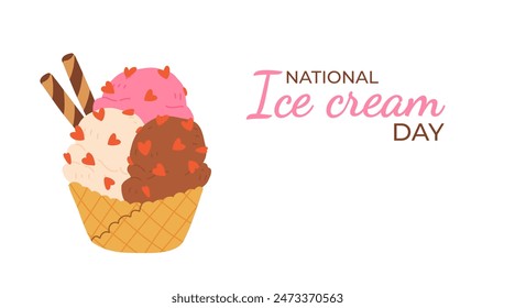 Happy National Ice Cream Day card. A waffle cone with various fruit ice cream scoops. Gelato or sorbet in cone. Vector cartoon banner in flat style.