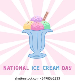 Happy National Ice Cream Day card. Ice cream bowl with different types of ice cream in balls. Vector Illustration for printing, backgrounds and packaging. Image can be used for cards and posters.