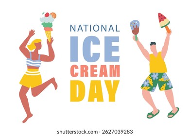 Happy National Ice Cream Day. Funny people in summer clothes holding ice cream in their hands. Template for a poster, banner, postcard with an inscription. Vector illustration in a flat style.