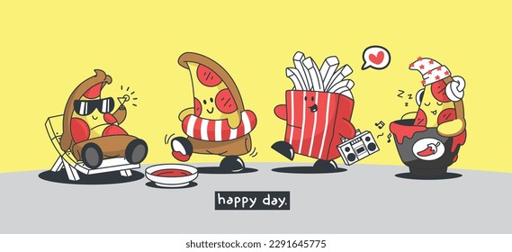 Happy national junk food day, Happy pizza, french fries character cartoon doing different activities design for web, banner, print