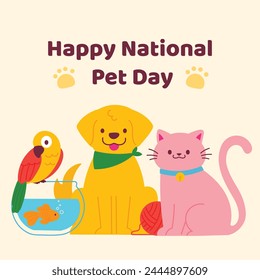 Happy National Pet Day Hintergrund Vektorgrafik. Entzückende Tierhand gezeichnet von Hund, Golden Retriever, Katze, Goldfisch, Vogel, Papagei. Nette Haustier-Design-Illustration für Abdeckung, Grußkarte, Banner, Druck.