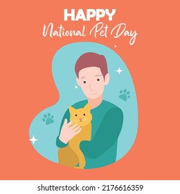 Happy national pet day with illustration of a boy playing with his cat