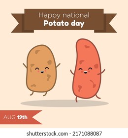 Happy national potato day social media post, banner, happy kawaii baked potatoes celebration advertisement concept, little tuber food ingredient marketing square ad, August 19th holiday abstract print