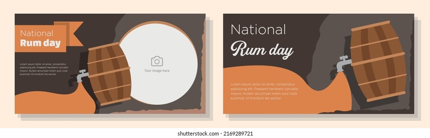 Happy national rum day online banner template set, alcoholic beverage celebration advertisement, horizontal ad, August 16th, drinks tap barrel content marketing post, cocktail creative brochure.