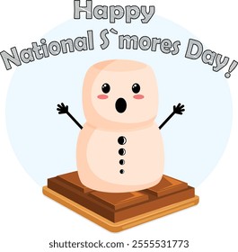 Happy National S`mores Day with Cute Ghost Marshmallow Man on Chocolate Bar and Graham Cracker Illustration. 