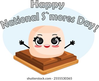 Happy National S`mores Day with Kawaii S`more Illustration. Graham Cracker with Chocolate Bar and Cute Marshmallow on Top 