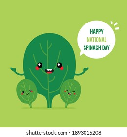 Happy National Spinach Day vector card, illustration with cute cartoon style spinach characters.

