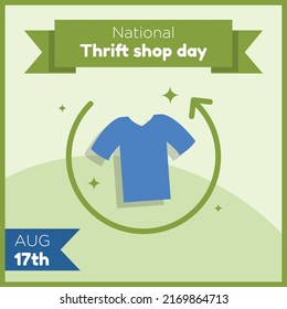 Happy national thrift shop day social media post, banner, thrifted clothing celebration advertisement concept, second hand fashion store marketing square ad, August 17th abstract print, isolated.