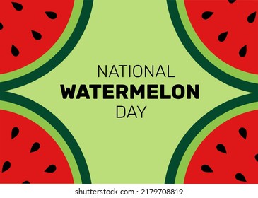 Happy National Watermelon Day. Concept of a national holiday. A whole watermelon with slices with seeds. Vector illustration. Congratulations on the holiday. 