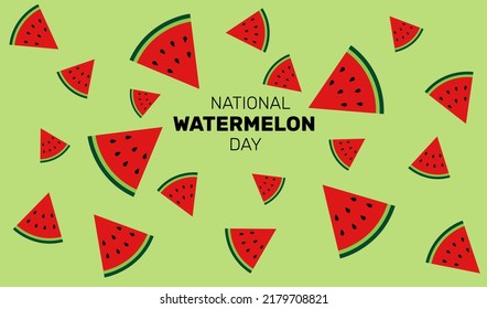 Happy National Watermelon Day. Concept of a national holiday. A whole watermelon with slices with seeds. Vector illustration. Congratulations on the holiday. 