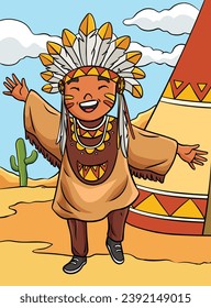 Happy Native American Indian Girl Colored Cartoon