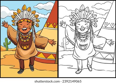 Happy Native American Indian Girl Illustration