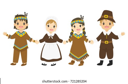 happy Native American and Pilgrim boys and girl holding hands, Thanksgiving cartoon vector