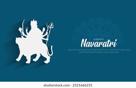 Feliz Anuncio y saludos Navaratri. Festival hindú Shubh Navratri de fondo con texto y la diosa Durga Mata Ilustración vectorial