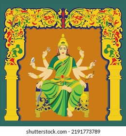 Feliz Diosa Navaratri Durga sentada en una plancha con todas sus armas en sus manos sobre un color amarillo oscuro. 