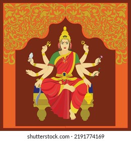 Happy Navaratri Goddess Durga sitting on plank with various weapons in her hands  and floral decorative arch around on maroon color background. 