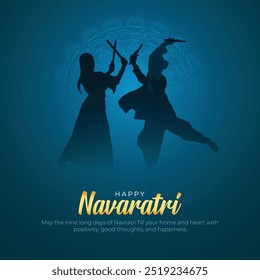 Feliz Tarjeta de felicitación y Post Navaratri. Garba Noche Navratri Fondo con Texto y Dandiya Danza Ilustración vectorial