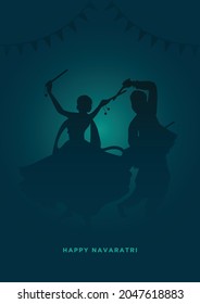 Happy Navaratri Minimal Poster, Couple Playing Garba and Daniya, Navratri Poster for Dussehra Festival - Vector