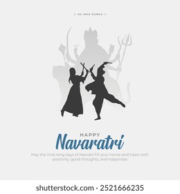 Feliz Navaratri Post y Tarjeta de Felicitación. Festival hindú Shubh Navratri de fondo con texto y la diosa Durga Mata Ilustración vectorial