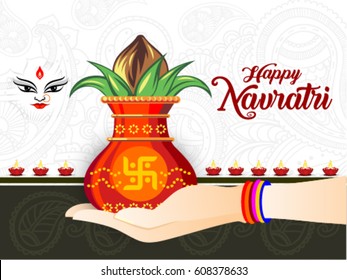Happy Navratri Artistic Text Background With Kalash In Hand