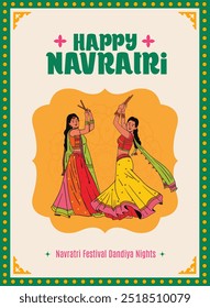 Feliz caligrafía Navratri con chicas jóvenes jugando dandiya Ilustración vectorial de baile, Elementos del festival, Navratri Plantilla de diseño de póster para el Anuncio de redes sociales