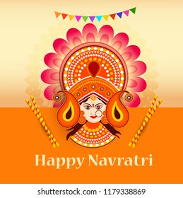Happy Navratri Card Background With Beautiful Maa Durga Face..