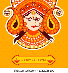Happy Navratri Card Background With Beautiful Maa Durga Face.